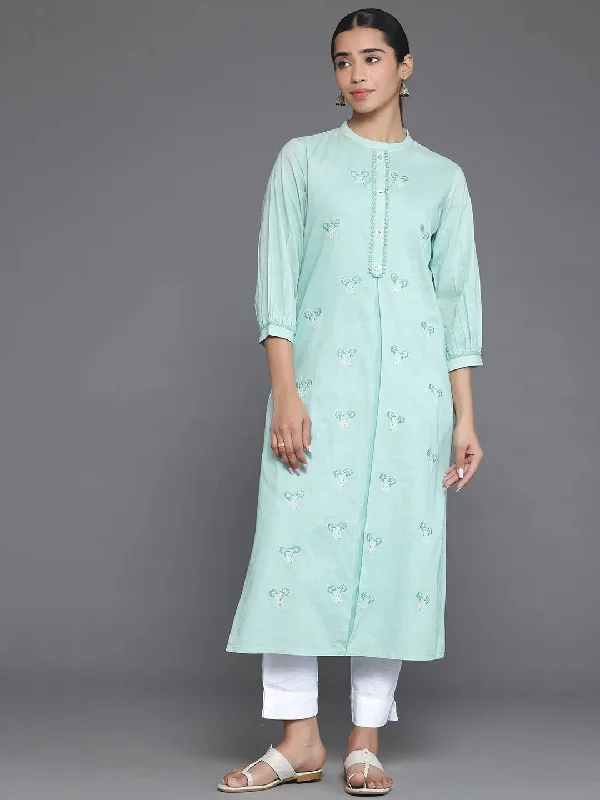 Women's Jumpsuits with Collarless NeckGreen Embroidered Cotton Straight Kurta