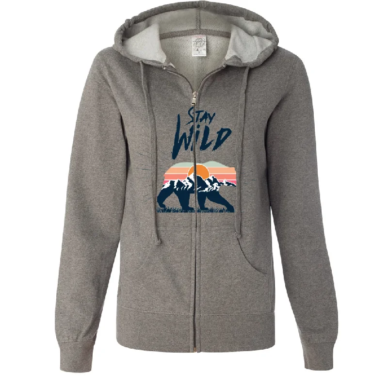 Women's Hooded Sweatshirts with Velvet LiningStay Wild Sunset Bear Ladies Lightweight Fitted Zip-Up Hoodie