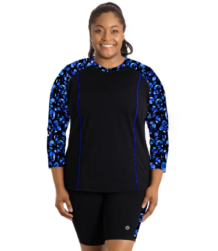 AquaSport Long Sleeve Rash Guard Ocean Blues Print Black