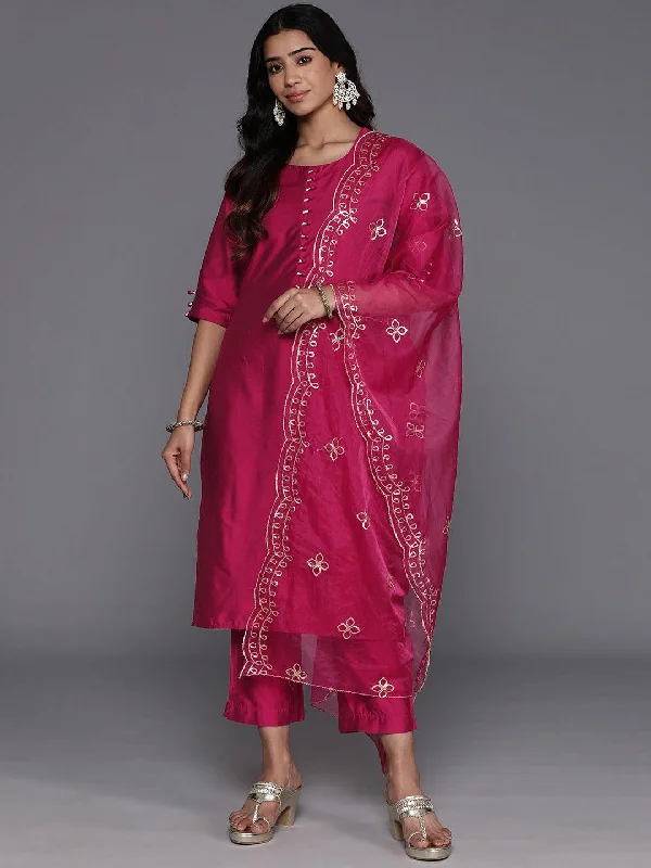 Women's Jumpsuits with Elastic WaistMagenta Solid Silk Blend Straight Suit With Dupatta