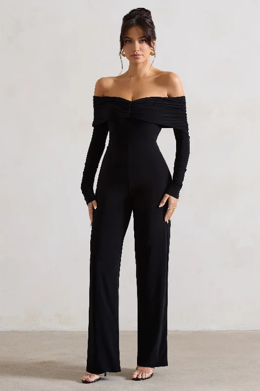 Women's Jumpsuits with Boat CollarJules | Black Bardot Long-Sleeve Straight-Leg Jumpsuit