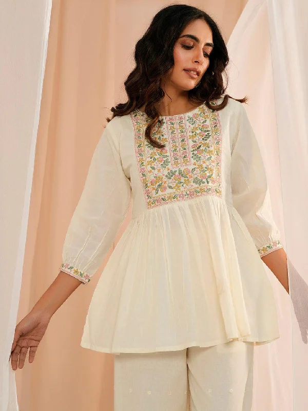 Women's Jumpsuits with U-Shaped CollarOff White Yoke Design Cotton A-Line Kurti