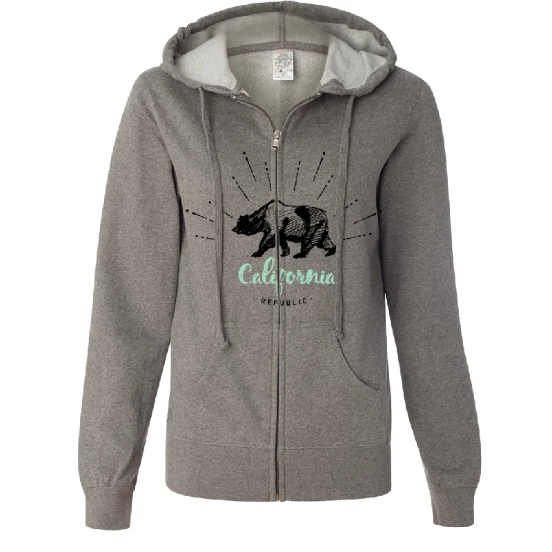 Women's Hooded Sweatshirts with Lightweight FabricCalifornia Republic Stencil Ladies Lightweight Fitted Zip-Up Hoodie