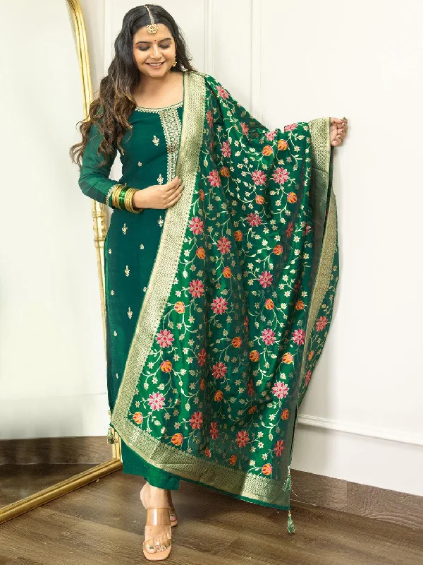 Women's Jumpsuits with Lapel CollarGreen Embroidered Silk Blend Straight Suit With Dupatta