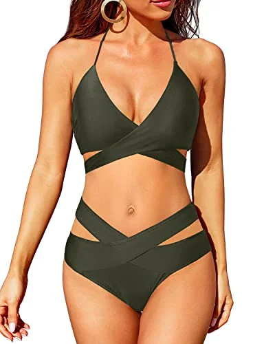 Crossed V Shaped Waist Wrap Bandage Bikini Halter Neck Swimsuit-Army Green