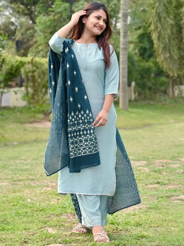 Women's Jumpsuits with DrawstringGrey Solid Silk Blend Straight Kurta With Palazzos & Dupatta