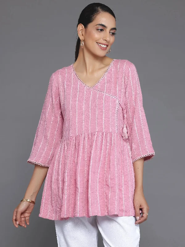 Women's Jumpsuits with Square CollarPink Woven Design Cotton Blend A-Line Kurti