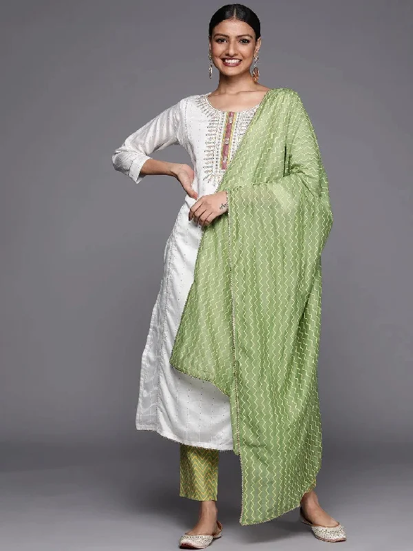 Women's Jumpsuits with Shirt CollarCream Embroidered Chanderi Silk Straight Kurta With Trousers & Dupatta