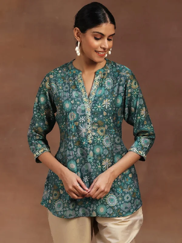 Women's Jumpsuits with U-Shaped CollarGreen Printed Silk Blend A-Line Kurti