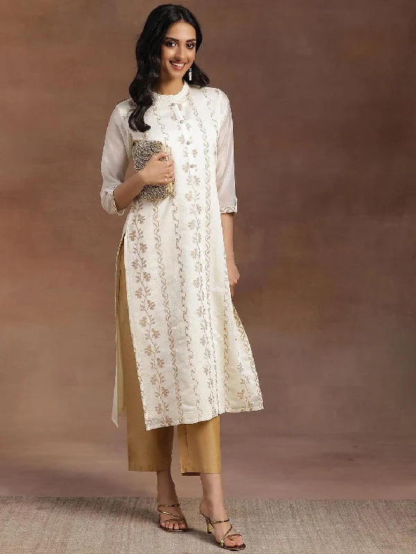 Women's Jumpsuits with Square NeckOff White Embroidered Chanderi Silk Straight Kurta