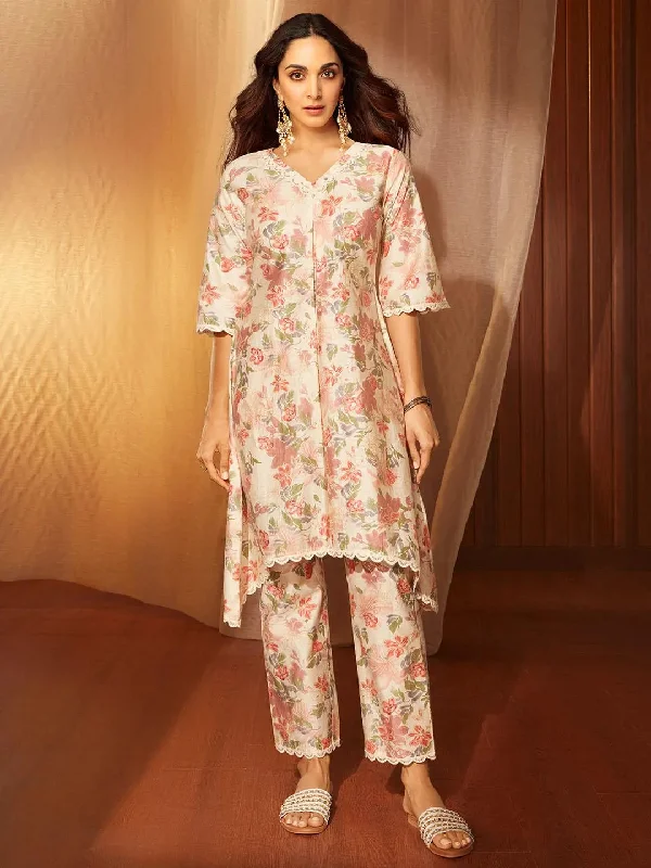 Women's Jumpsuits with Lapel CollarKhwaab Beige Printed Chanderi Silk A-Line Kurta With Trousers