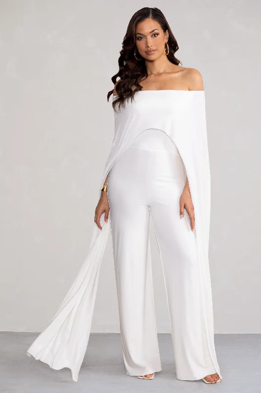 Women's Jumpsuits with Square CollarMayara | White Bardot Cape Sleeve Jumpsuit