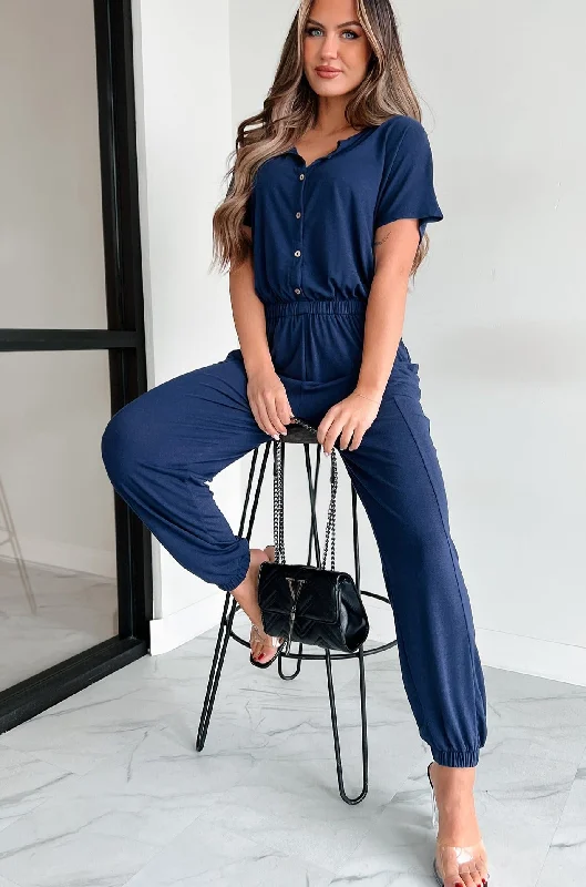 Women's JumpsuitsTaking The Easy Route Short Sleeve Button Detail Jumpsuit (Dark Navy)