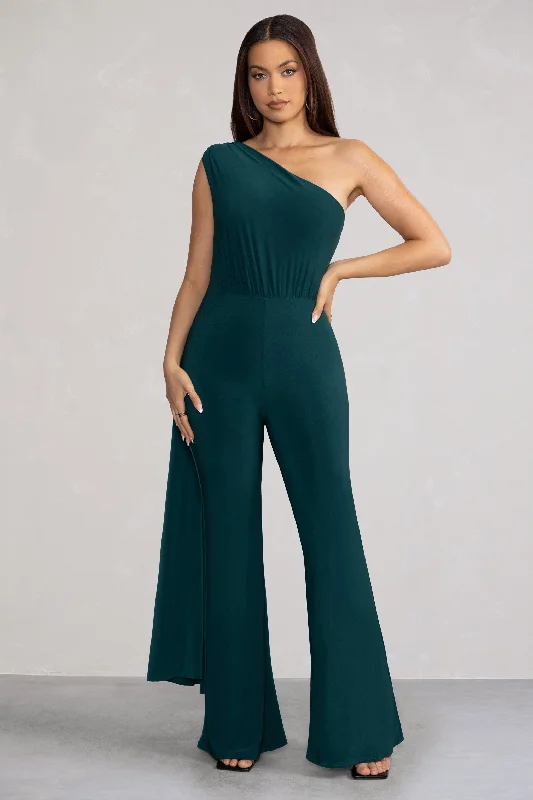 Women's Jumpsuits with Long LengthAurora | Deep Green One Shoulder Cape Sleeve Jumpsuit