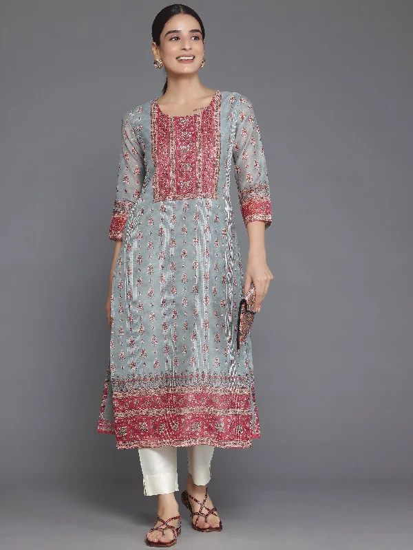 Women's Jumpsuits with DrawstringGrey Printed Chanderi Silk Straight Kurta