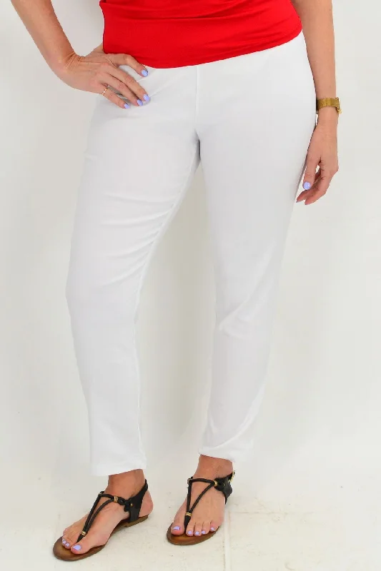 Women's Ankle-Length PantsWhite Stretch Straight Leg Pull on Pants