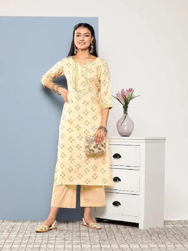 Women's Jumpsuits with Rounded CollarYellow Printed Silk Straight Kurta