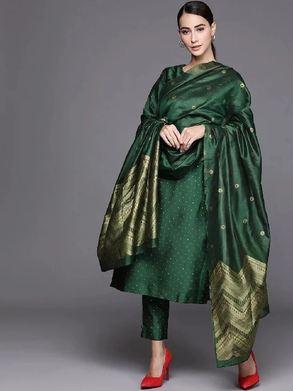 Women's Jumpsuits with Wide CollarGreen Self Design Art Silk Straight Kurta With Dupatta