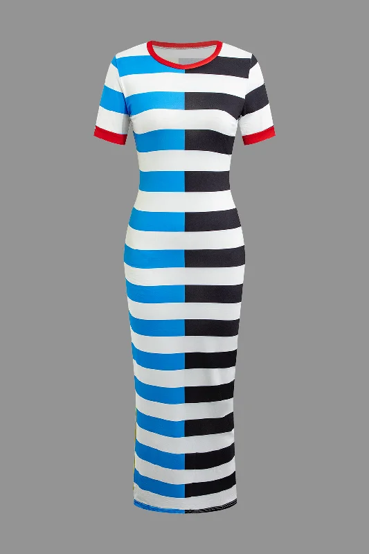 Women's Shirt Collar DressesContrast Striped Maxi Dress