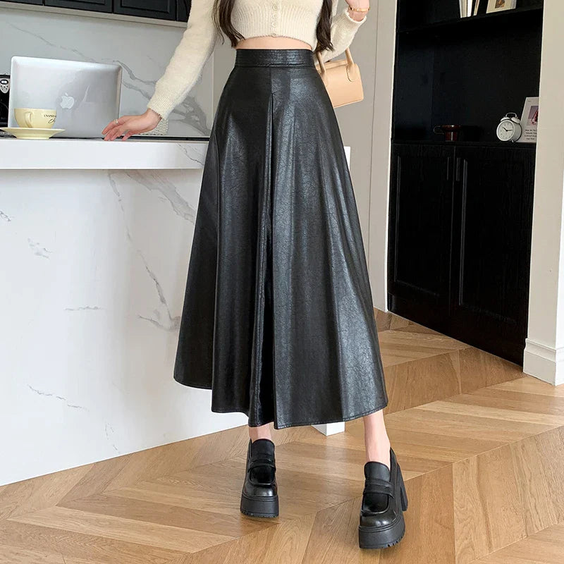 Women's Jodhpurs with Notched CollarPU Leather Womens Autumn Winter New Fashion High Waist A-line Pleated Long Ladies Vintage Elegant Umbrella Skirt