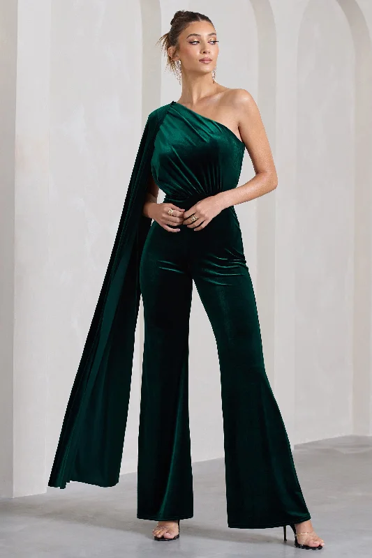 Women's Jumpsuits with Wide CollarAurora | Bottle Green Velvet One Shoulder Cape Sleeve Jumpsuit