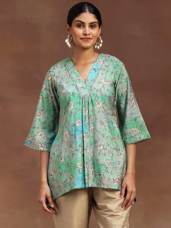 Women's Jumpsuits with Sweetheart CollarGreen Printed Silk Blend A-Line Kurti