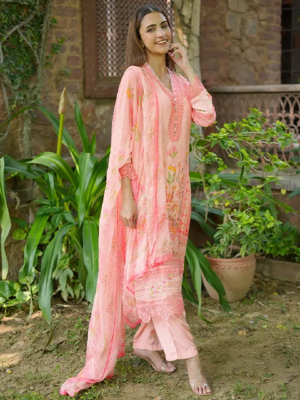 Women's Jumpsuits with Notched CollarPink Printed Silk Blend Straight Suit With Dupatta