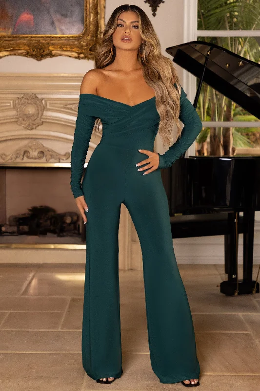 Women's Jumpsuits with Mandarin CollarHand On Heart | Bottle Green Twist Front Bardot Long Sleeve Jumpsuit