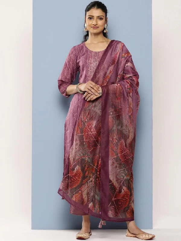 Women's Jumpsuits with BeltPurple Embroidered Silk Blend Straight Kurta With Trousers & Dupatta