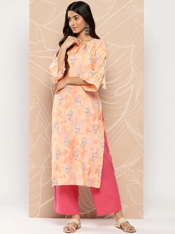 Women's Jumpsuits with Lapel CollarPeach Printed Silk Straight Kurta