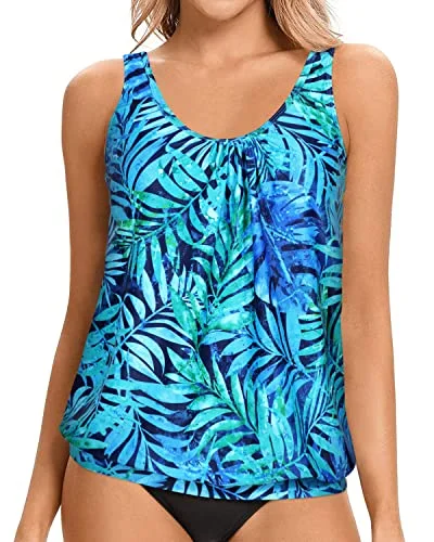 Soft Padded Scoop Neck Tankini Bathing Top For Women-Blue Leaves