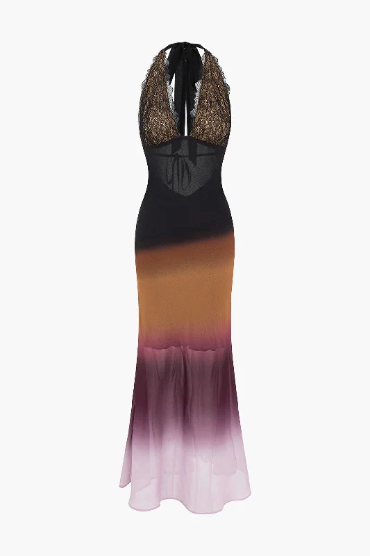 Women's Maxi DressesOmbre Print Mesh Backless Lace Sleeveless Maxi Dress