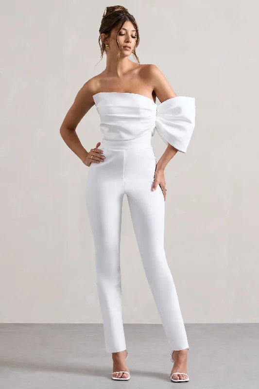 Women's Jumpsuits with Boat CollarAdabella | White Satin Strapless One-Sleeve Straight-Leg Jumpsuit