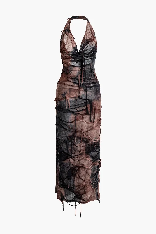 Women's U-Back DressesTie Dye Distressed Mesh Slit Halter Cowl Neck Maxi Dress