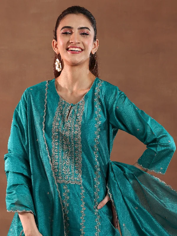 Women's Jumpsuits with U-Shaped CollarTeal Embroidered Chanderi Silk Straight Suit With Dupatta