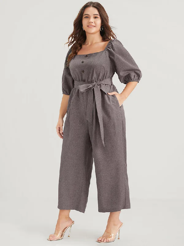 Women's Jumpsuits with Shirt CollarPlain Fake Button Pocket Puff Sleeve Square Neck Belted Jumpsuit