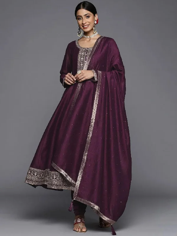 Women's Jumpsuits with Short LengthPurple Yoke Design Silk Blend Anarkali Suit With Dupatta