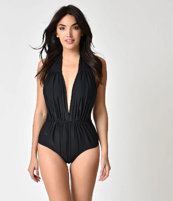 Unique Vintage Black Halter Shirred Derek One Piece Swimsuit