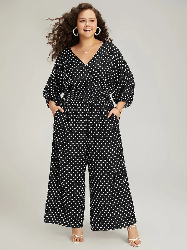 Women's Jumpsuits with U-Shaped CollarPolka Dot V Neck Knot Backless Lantern Sleeve Jumpsuit