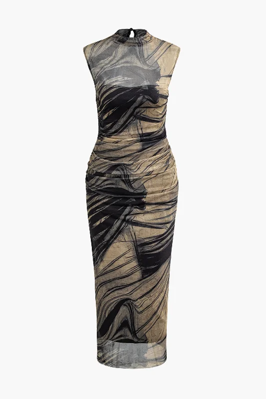 Women's Sweetheart Collar DressesAbstract Print Mock Neck Mesh Ruched Sleeveless Maxi Dress