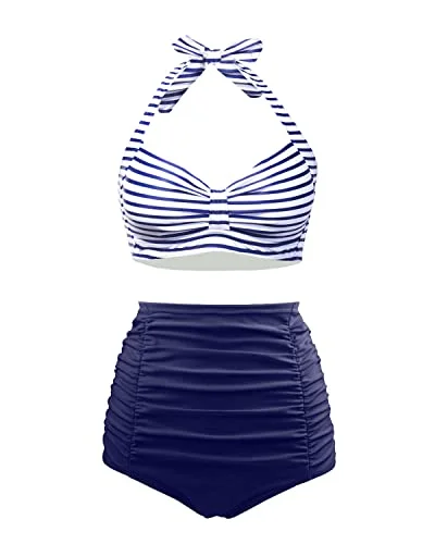 Women's Ruched High Waisted Bikini Set Vintage Halter 2 Piece Swimsuit