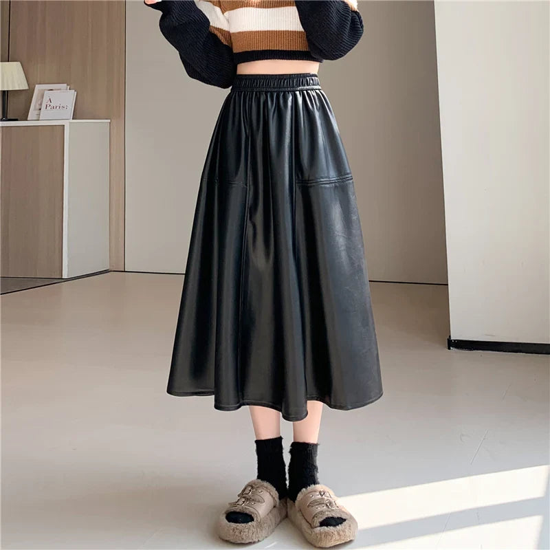 Women's Harem PantsFashionSierra - Leather Women New Autumn Winter Fashion High Waist A-line PU Midi Ladies Vintage Casual Long Skirt