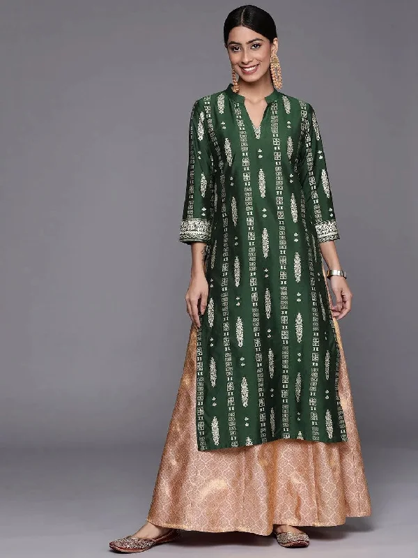 Women's Long-Sleeve JumpsuitsGreen Printed Silk Straight Kurta