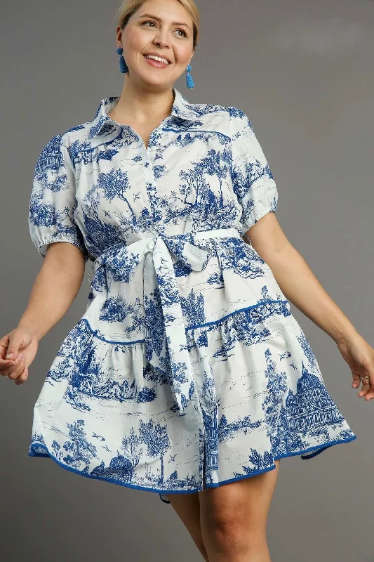 Women's Narrow-Neck DressesBlue Willow Print Dress