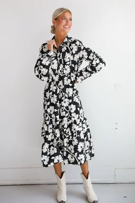 Women's Strapless DressesCharmed Perfection Black Floral Midi Dress