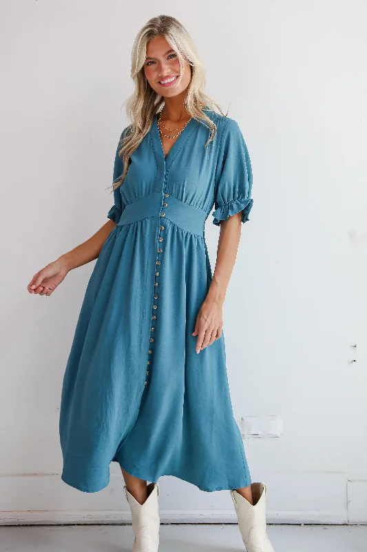 Women's Round-Neck DressesExceptionally Graceful Teal Midi Dress