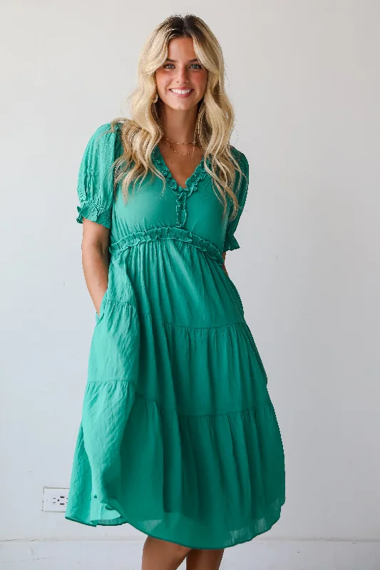 Women's Tiered DressesFINAL SALE - Exquisite Potential Green Tiered Midi Dress