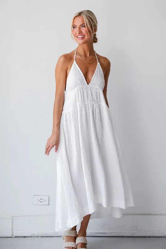 Women's V-Shaped-Neck DressesFINAL SALE - Memorable Entrance White Linen Halter Midi Dress