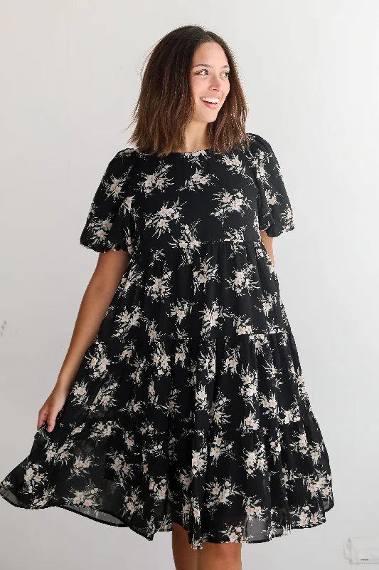 Women's Low Collar DressesPerfectly Cherished Black Floral Tiered Midi Dress