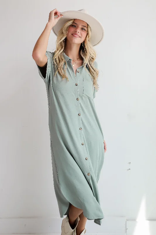 Women's Fit and Flare DressesRadiant Moment Sage Button Front Midi Dress